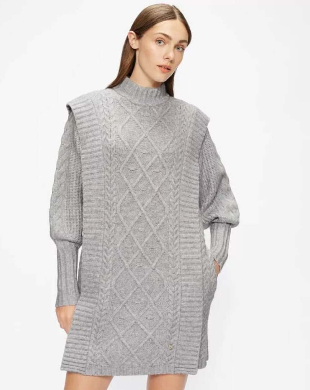 TED BAKER Women's Arriaa Cable Sweater Dress US 8 Ted 3 Grey High Neck NWOT